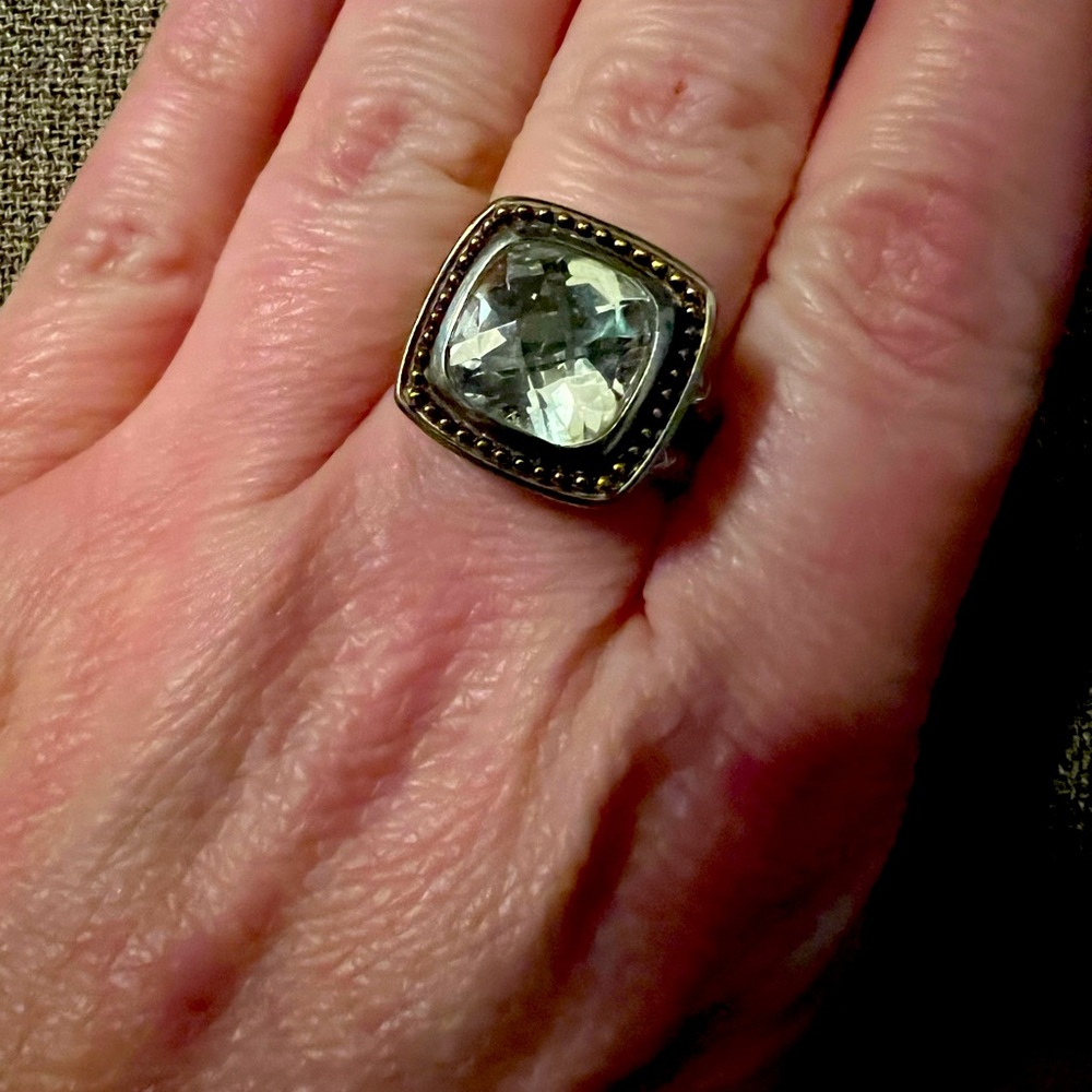 Two tone sterling silver and 10K gold green amethyst ring in size 7